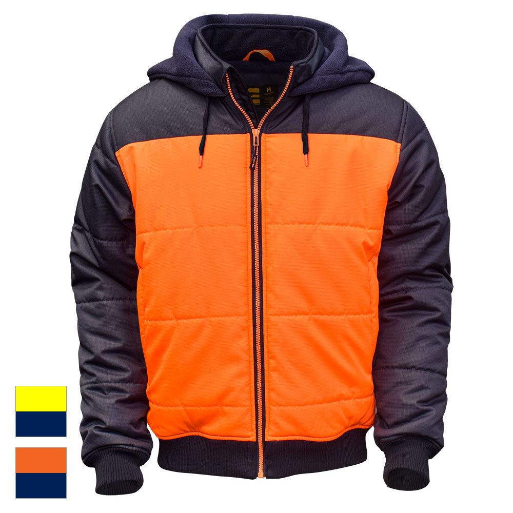 Eleven Workwear Hi Vis Spliced Quilted Jacket w Fleece Hood