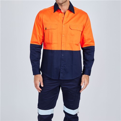 ELEVEN Workwear Evolution Hi-Vis L/S Drill Spliced Shirt Orange Navy Front