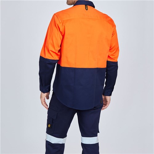 ELEVEN Workwear Evolution Hi-Vis L/S Drill Spliced Shirt Orange Navy Rear