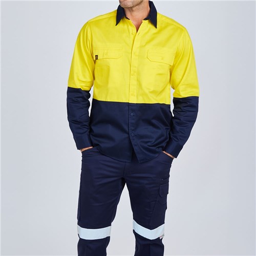 ELEVEN Workwear Evolution Hi-Vis L/S Drill Spliced Shirt Yellow Navy Front