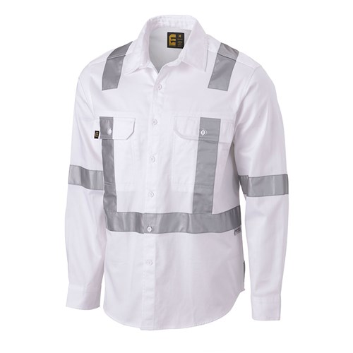 Long Sleeve White Drill Shirt with Reflective Tape