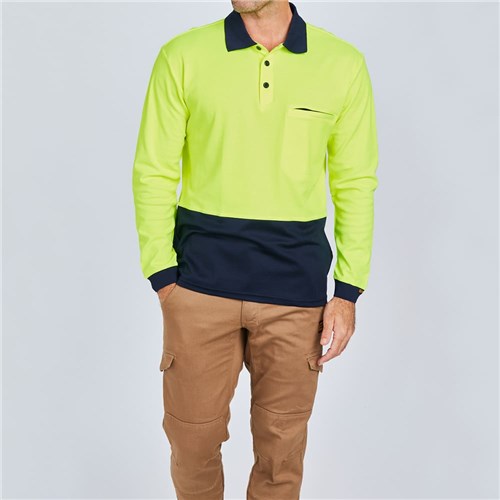 ELEVEN Workwear Spliced Cotton Back Hi-Vis L/S Polo Shirt - Yellow Lifestyle
