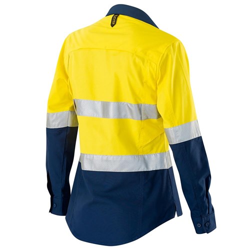 ELEVEN Workwear AEROCOOL Women’s Spliced Hi-Vis Perforated 3M™ 'Hoop' Taped Shirt - Yellow Navy