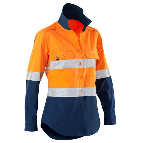 ELEVEN Workwear AEROCOOL Women’s Spliced Hi-Vis Perforated 3M™ 'Hoop' Taped Shirt - Orange Navy