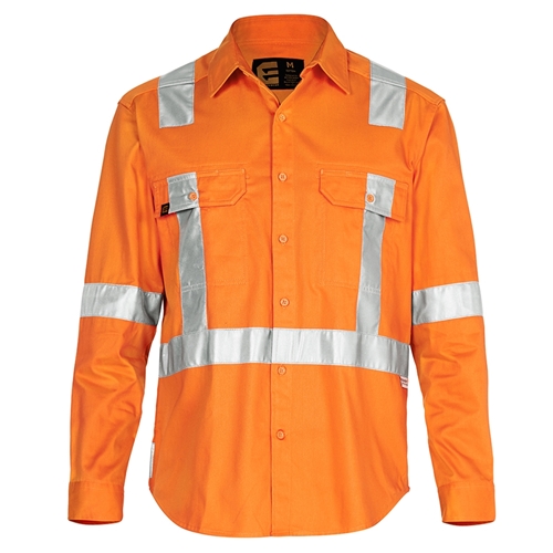 Orange hi vis cotton drill shirt with reflective tape